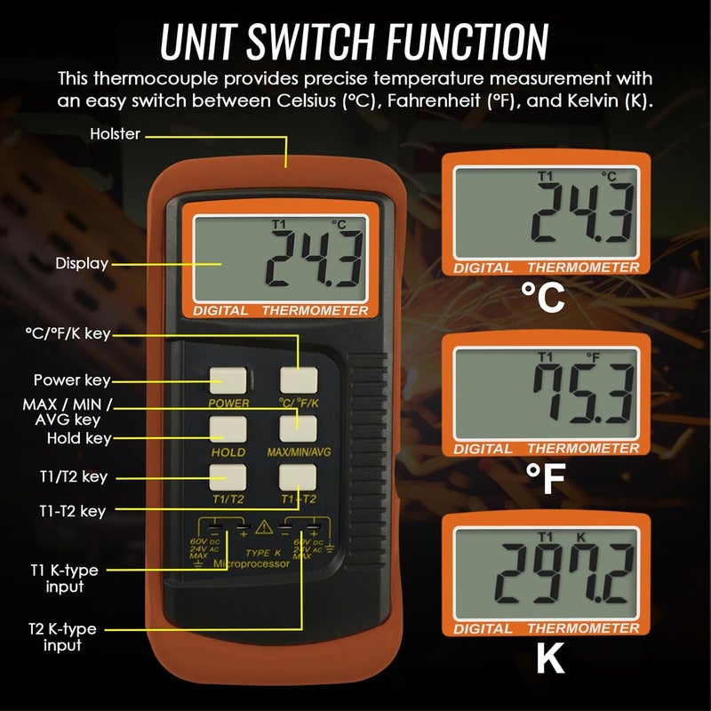 DANOPLUS Digital K Type Thermometer with 4 Thermocouples, Dual Channels Thermocouple Tester with MAX/MIN/AVG Temperature Measurement (-501300C) - Image 3